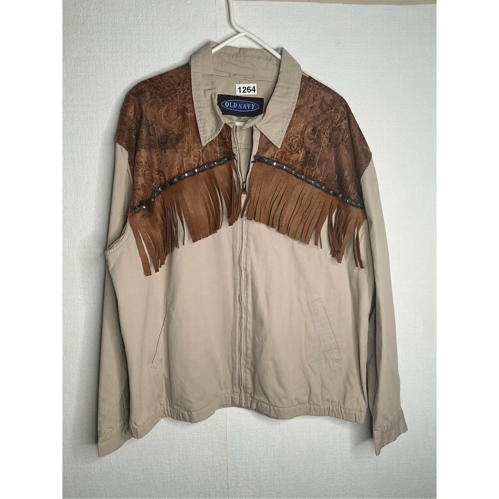 VTG Old Navy Tan/Brown Zip Canvas South Western Fringe CowGirl Jacket Women‎ XL